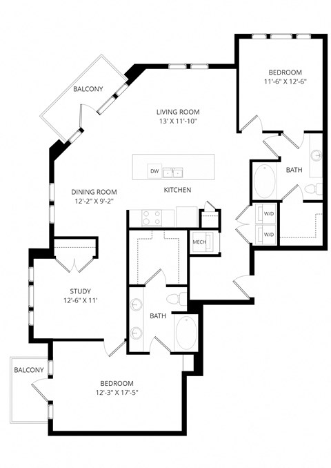 Floor plan for 2 beds, 2 baths, 1486 sqft